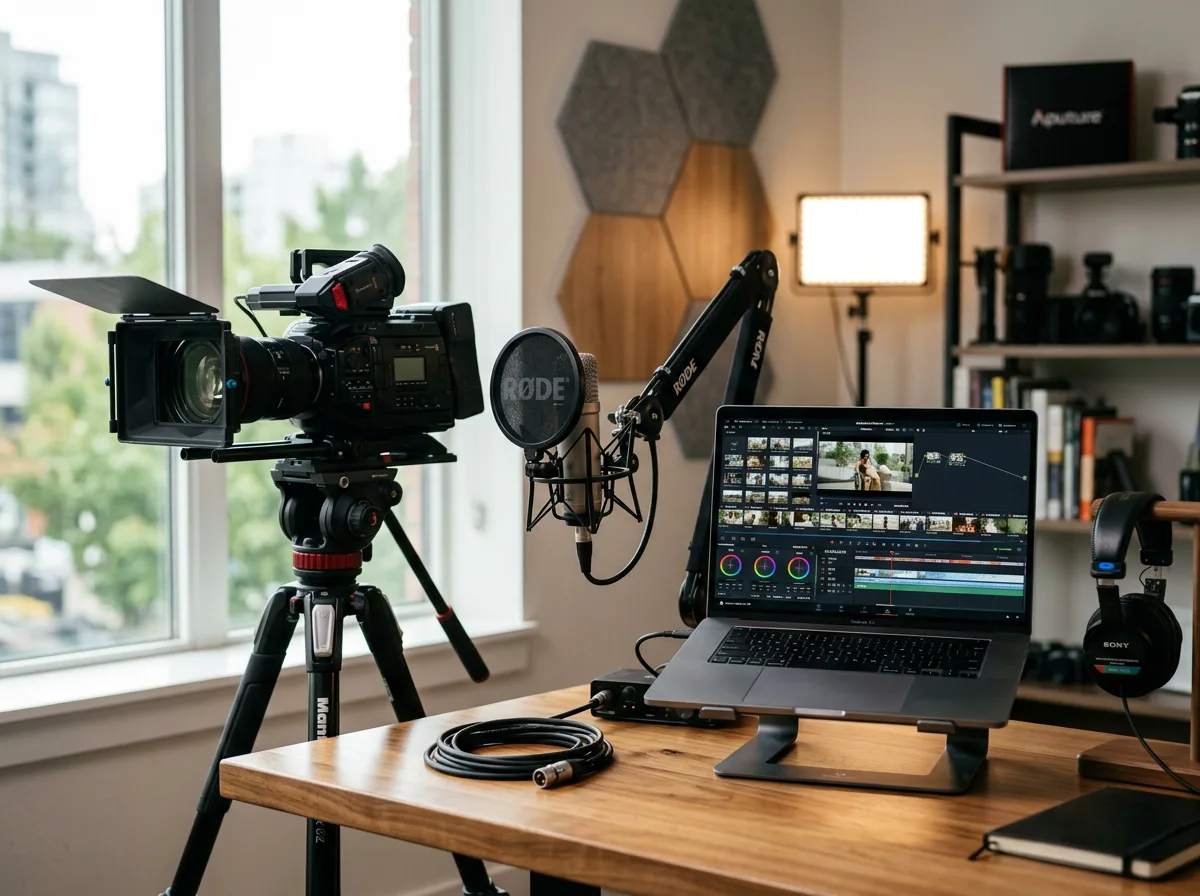 Professional audio and video production studio with microphone, camera and editing software