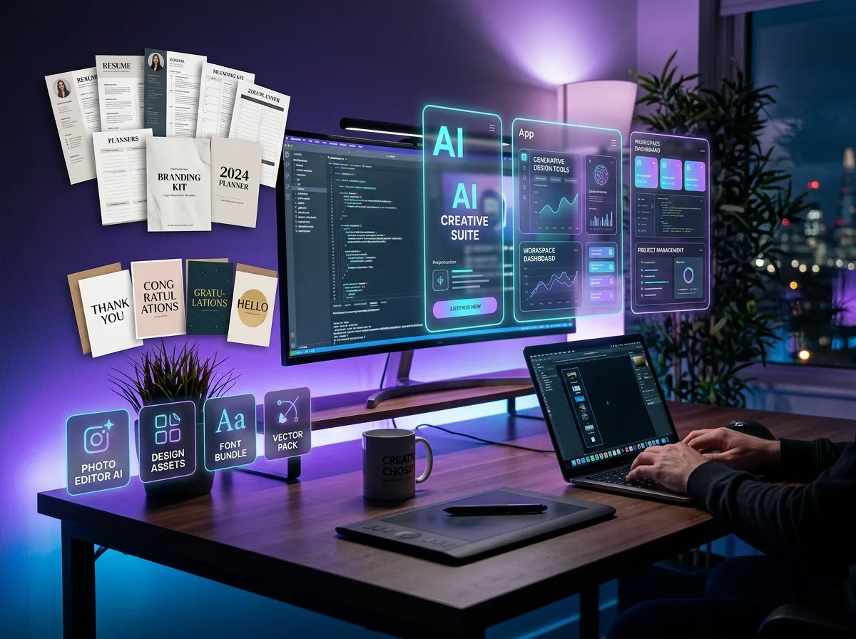 AI creative workspace with digital templates, greeting cards and holographic design interfaces