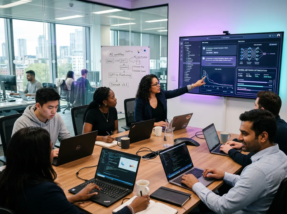Professional AI training session with team members collaborating around laptops and screens