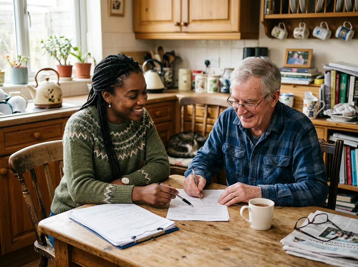 Friendly community assistance helping a neighbor with paperwork at home