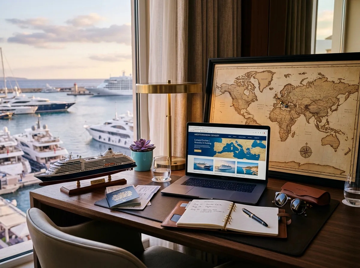 Luxury travel planning desk with cruise ship view, map and itinerary on laptop