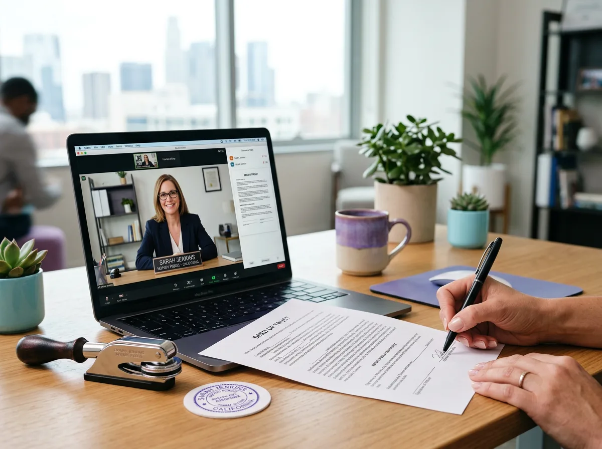 Virtual online notarization appointment with document signing and video call on laptop
