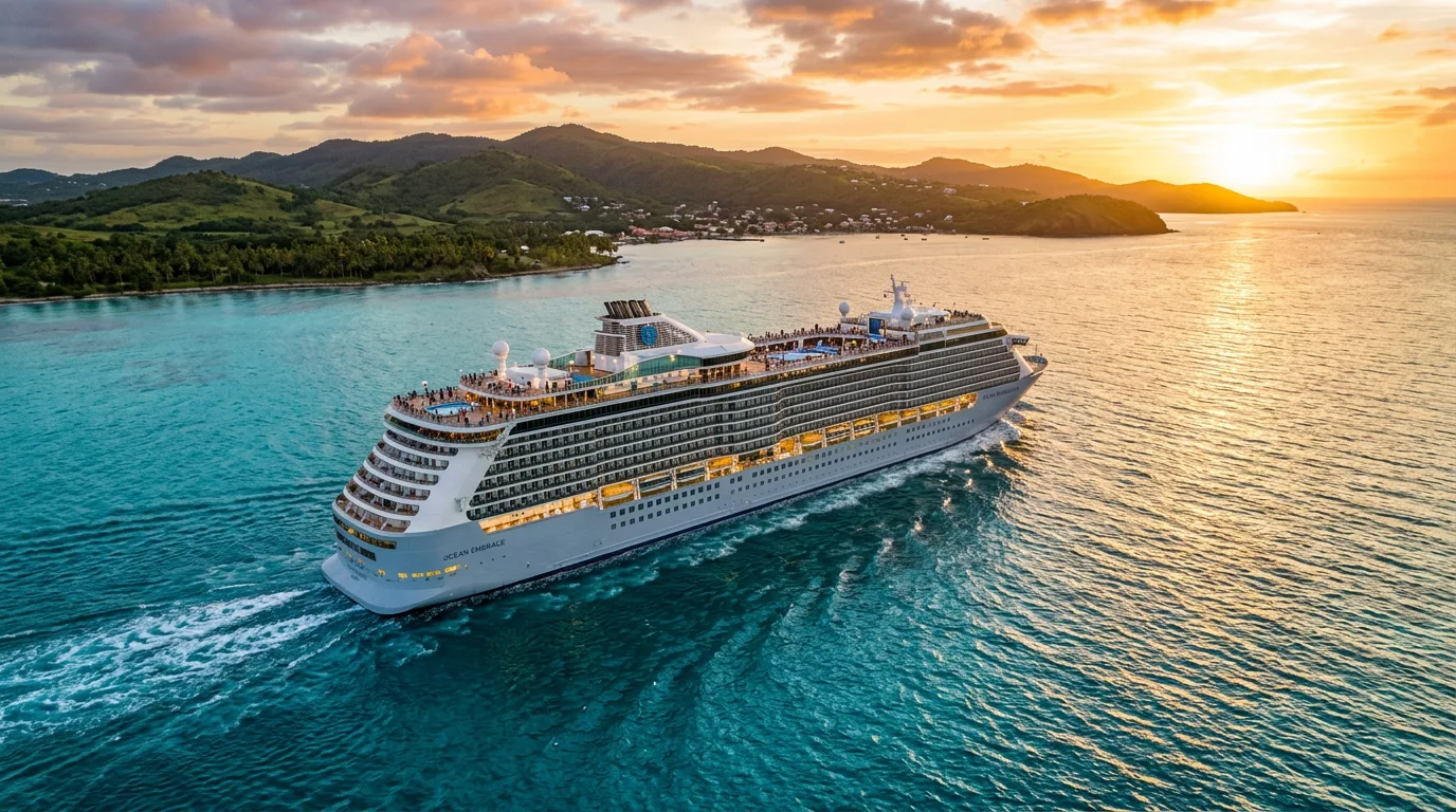 Cruise ship sailing at sunset over turquoise water